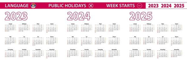 2023, 2024, 2025 year vector calendar in Serbian language, week starts on Sunday.