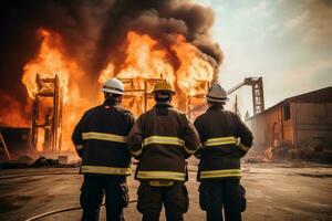 AI generated Team of firefighters in front of the flames photo