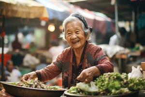AI generated Elderly asian lady on the food market photo