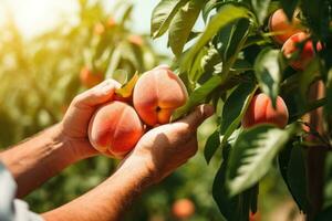 AI generated Hand picking fresh delicious juicy peach from orchard photo