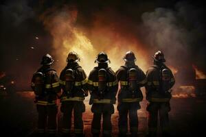 AI generated Team of firefighters in front of the flames photo