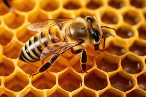 AI generated Bee on honeycomb with honey photo