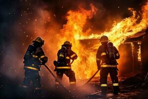 ai generado equipo de bomberos extinguir flameante llamas foto