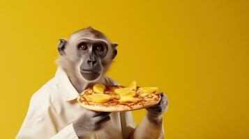 AI Generated A monkey holding a pizza with pineapples on it, AI photo