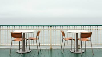 AI Generated Two chairs and a table on a deck overlooking the ocean, AI photo