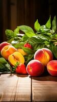 AI Generated A bunch of fruit sitting on top of a wooden table, AI photo