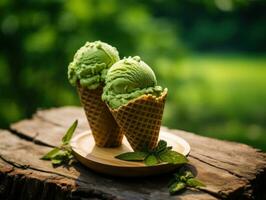 AI Generated Two scoops of matcha green tea ice cream on a plate, AI photo