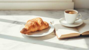 AI Generated A croissant on a plate next to a cup of coffee, AI photo