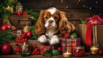 ai generado un perro sentado en un mesa rodeado por Navidad decoraciones, ai foto