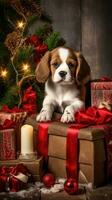 AI Generated A puppy sitting on top of a pile of presents, AI photo