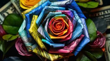 AI Generated A multicolored rose made of money bills is sitting on a pile of money, AI photo