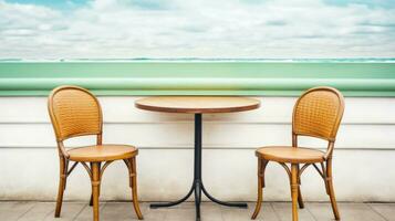 AI Generated Two chairs and a table with a view of the ocean, AI photo