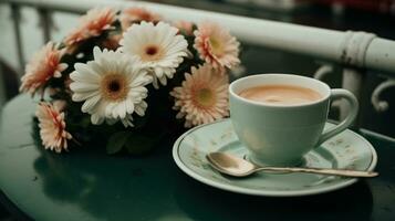 ai generado un taza de café en un mesa con flores en el fondo, ai foto