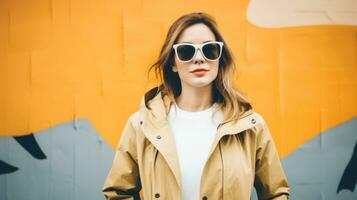 AI Generated A woman wearing sunglasses standing in front of a wall, AI photo