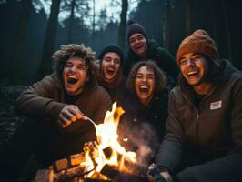 AI Generated A group of people sitting around a campfire, AI photo