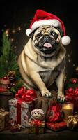 AI Generated A pug dog wearing a santa hat sitting on a pile of presents, AI photo