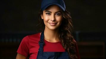 AI Generated A woman in a red shirt and a blue hat, AI photo