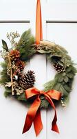 AI Generated A wreath with pine cones and a red ribbon, AI photo