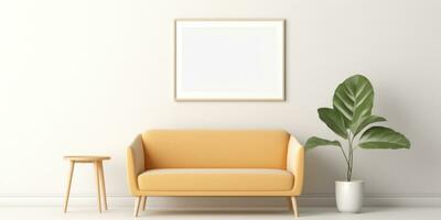 AI Generated A living room with a yellow couch and a plant, AI photo