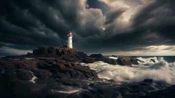 AI Generated A lighthouse is on a rocky shore with large waves crashing in, AI photo