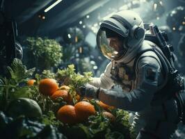 AI Generated A man in space suit picking up oranges from a garden, AI photo