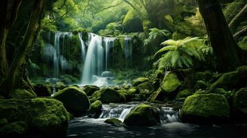 AI Generated A waterfall in a lush green forest with moss and trees, AI photo