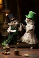 AI Generated Two cats dressed in top hats and dresses dancing together, AI photo