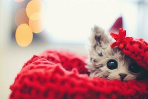 ai generado un gato vistiendo un rojo sombrero y un rojo frazada, ai foto