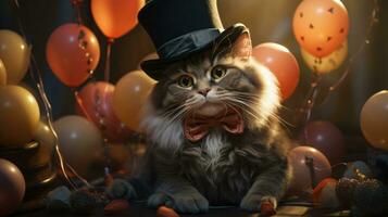 ai generado un gato vistiendo un parte superior sombrero y arco Corbata sentado en globos, ai foto