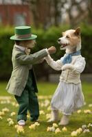 AI Generated A couple of a dog and cat dressed up in costumes dancing, AI photo