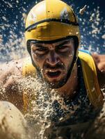 AI Generated A man in a yellow helmet and blue shirt splashing water, AI photo