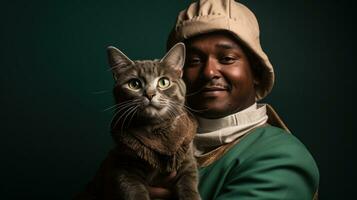 ai generado un hombre en un verde sombrero participación arriba su gato, ai foto