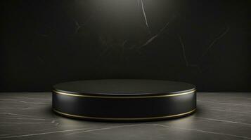 AI generated black podium with minimal textured bacground for luxury products display photo