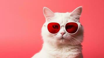 ai generado blanco Doméstico gatito en rojo lentes poses en rosado antecedentes pared. estudio retrato peludo gato en frio Gafas de sol. bandera modelo con Copiar espacio para texto foto