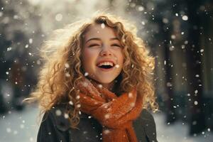 AI generated Happy girl walking in the city while snowing in sunny winter day. Lifestyle, winter season concept photo