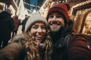 ai generado contento Pareja celebrando Navidad o nuevo año noche juntos en el ciudad. celebracion, día festivo. foto