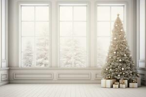 AI generated Empty white room with natural light from the window and Christmas tree and gift boxes. Copy space photo