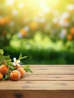 AI generated Wooden table top with apricots on blur background with apricot orchard photo