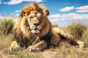 AI generated Big male African lion, Panthera leo lying in the grass photo