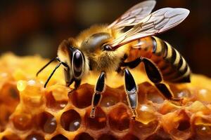 AI generated Bee on honeycomb with honey photo