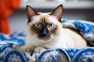 AI generated Siamese cat with blue eyes sitting on blanket photo