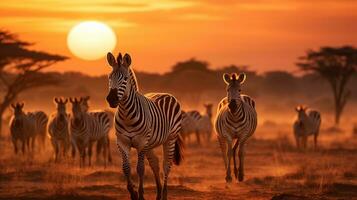 ai generado grupo de cebras en el africano sabana en contra el puesta de sol. foto