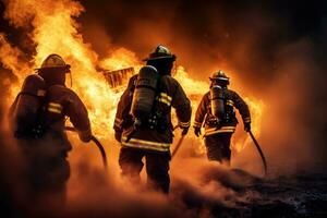 AI generated Team of firefighters extinguishing blazing flames photo