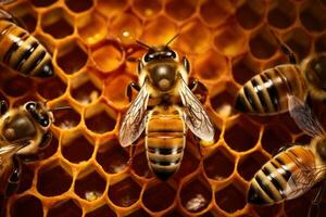 AI generated Bee on honeycomb with honey photo