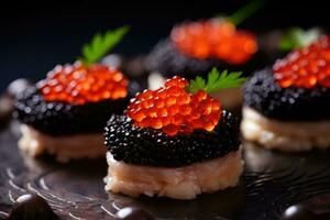 ai generado negro y rojo pescado caviar. canapés con caviar foto
