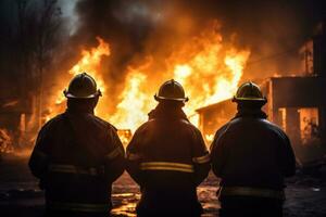 AI generated Team of firefighters in front of the flames photo