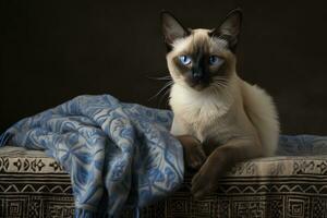 AI generated Siamese cat with blue eyes sitting on blanket photo