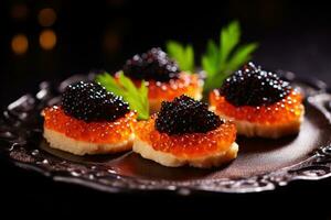 ai generado negro y rojo pescado caviar. canapés con caviar foto