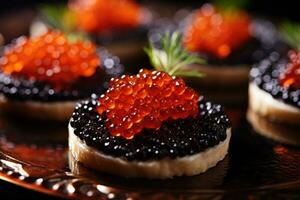 ai generado negro y rojo pescado caviar. canapés con caviar foto