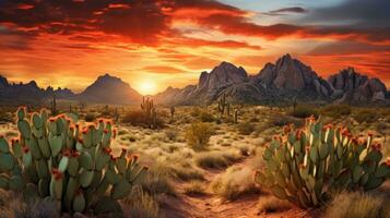 AI generated Wild West Texas desert landscape with sunset with mountains and cacti. photo